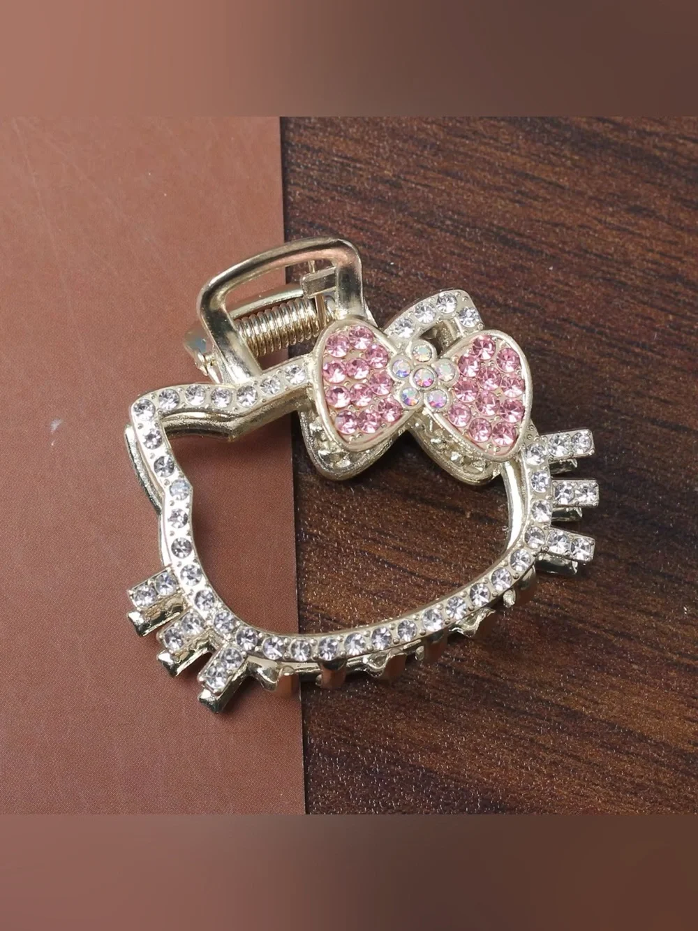 Crystal Bow Cat Face Hair Clip - Pink Accents